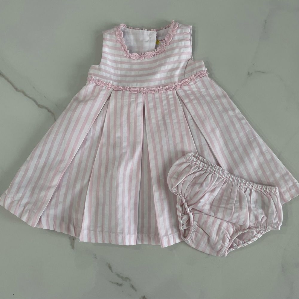 Savannah Baby Girl Pink/White Striped/Pleated Dress Size 0-3 Months